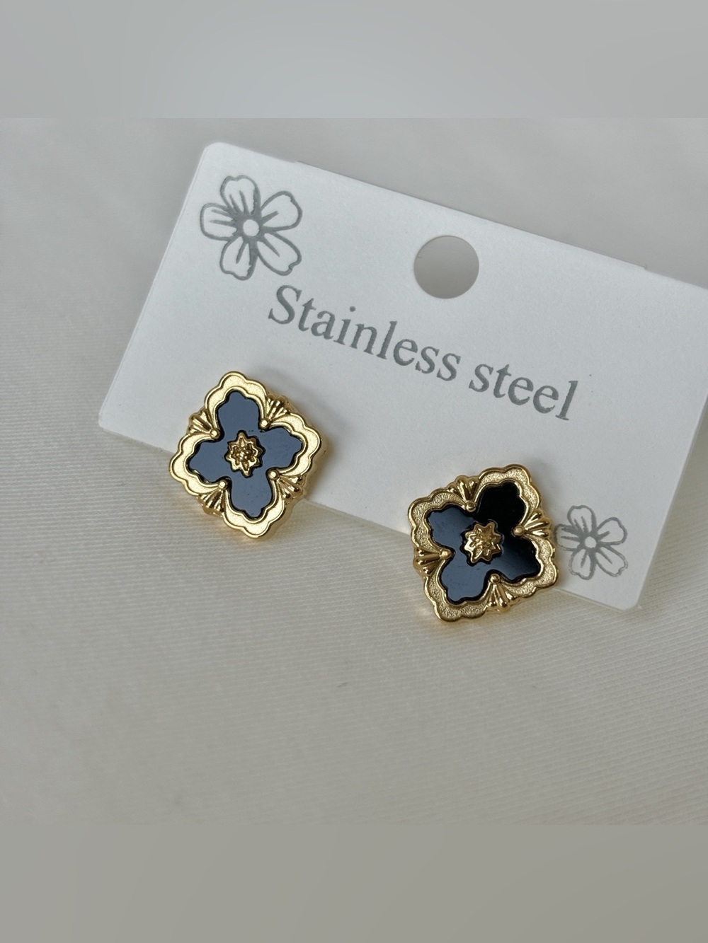 Gold-Plated Blue Flower Stainless Steel Stud Earrings